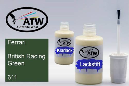 Ferrari, British Racing Green, 611: 20ml Lackstift + 20ml Klarlack - Set, von ATW Autoteile West.